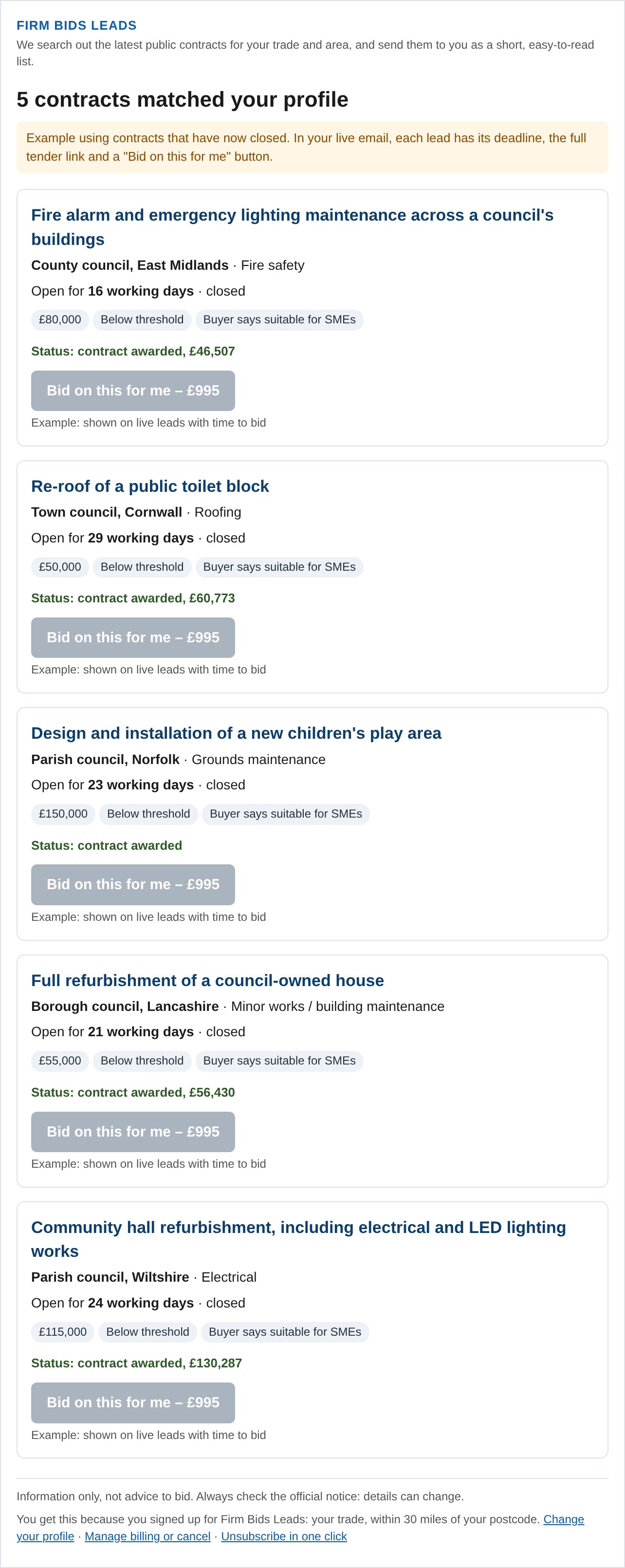 Example Firm Bids Leads daily email listing five contracts, each with buyer type and county, trade, value, working days open and contract status